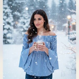 Gracia Off-Shoulder Blue Striped Blouse